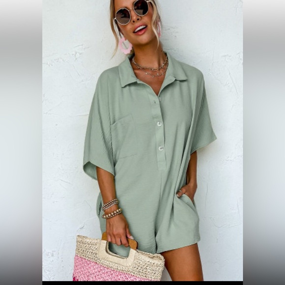 Pants - COPY - NEW- Sage half button collared romper